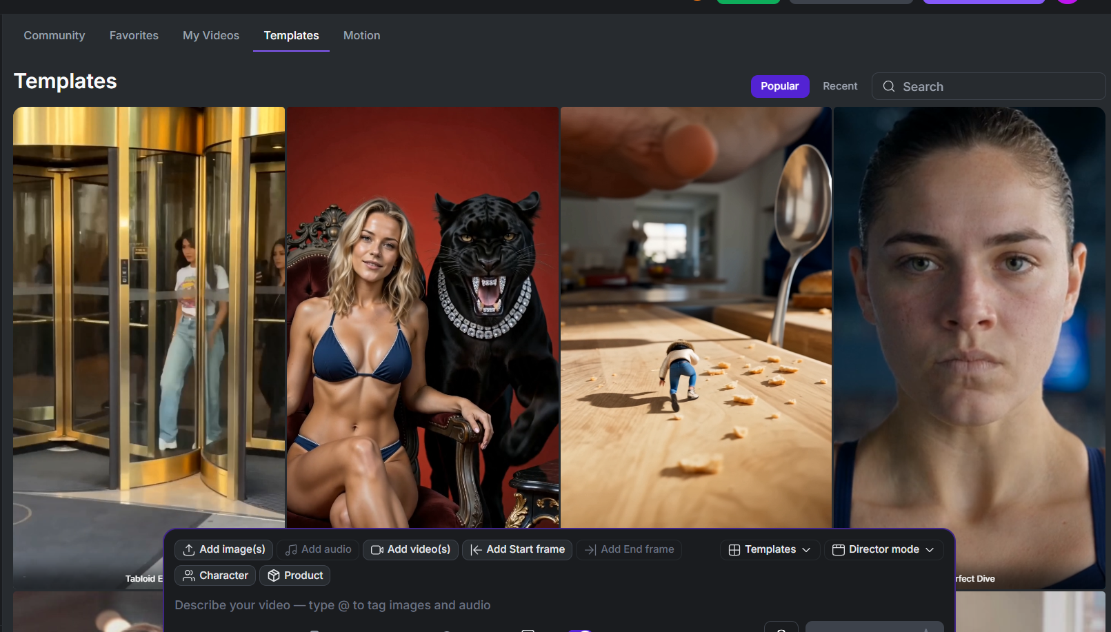 screenshot of Creative Fabrica's AI studio templates and examples with Seedance 2.5
